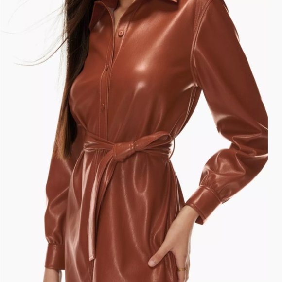 Aritzia Wilfred Vegan Leather Caroline Dress in Cognac - Picture 2 of 10